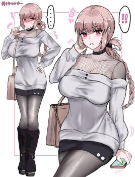 1girl black_boots black_skirt bodystocking boots detached_collar fate/grand_order fate_(series) fidgeting fishnet_bodystocking fishnet_pantyhose fishnets florence_nightingale_(fate) folded_ponytail grey_sweater highres miniskirt pantyhose pink_hair red_eyes satou_nui skirt sweater twirling_hair