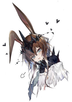 1girl :d amiya_(arknights) amiya_(demon_king)_(arknights) animal_ears arknights blue_eyes brown_hair chinese_commentary commentary_request cropped_torso crown dress drooling fang floating_crown heart heiquan long_hair looking_at_viewer material_growth open_mouth oripathy_lesion_(arknights) puff_of_air rabbit_ears rabbit_girl simple_background skin_fang smile solo white_background white_dress