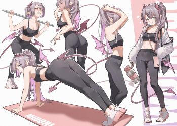1girl absurdres armpits arms_up ass bare_arms bare_shoulders black_leggings black_shirt blue_eyes breasts brown_hair cellphone cleavage clenched_teeth commentary crop_top demon_girl demon_horns demon_tail demon_wings exercising grin hair_ornament hairclip highres horns indie_virtual_youtuber jacket leggings long_hair long_sleeves looking_at_viewer low_wings midori_fufu midori_fufu_(vtuber) midriff multiple_views navel off_shoulder phone pointy_ears ponytail push-ups shirt shoes sleeveless sleeveless_shirt small_breasts smartphone smile sneakers symbol-only_commentary tail teeth tumbler virtual_youtuber weightlifting white_jacket white_shoes wings