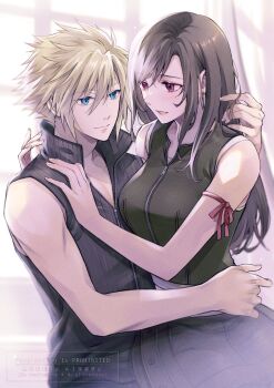 1boy 1girl apron arm_around_waist arm_ribbon bare_shoulders black_hair black_vest blonde_hair blue_eyes breasts brown_eyes closed_mouth cloud_strife couple curtains earrings final_fantasy final_fantasy_vii final_fantasy_vii:_advent_children hair_between_eyes hand_in_another&#039;s_hair hand_on_another&#039;s_chest hashtag-only_commentary hetero highres jewelry large_breasts looking_at_another parted_lips pink_ribbon quichi_91 ribbon short_hair spiked_hair tifa_lockhart upper_body vest waist_apron window