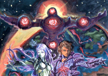 1boy 1girl alien ares_(xenoblade_x) armor black_knight_(xenoblade_x) blue_skin breasts brown_eyes brown_hair city colored_skin commentary dark_skin elma_(true_form)_(xenoblade_x) elma_(xenoblade_x) fingerless_gloves gloves glowing highres landscape long_hair looking_at_viewer looking_to_the_side mira_(xenoblade_x) mixed-language_commentary monolith_soft new_los_angeles new_tokyo nintendo ocean outstretched_arms planet purple_eyes purple_hair short_hair side-by-side skell_(xenoblade_x) sky space spoilers star_(sky) star_(symbol) starry_sky sun takahashi_tomoyuki xeno_(series) xenoblade_chronicles_(series) xenoblade_chronicles_x