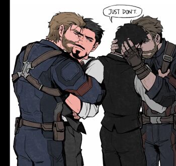 Rule 34 | 2boys, avengers: infinity war, avengers (series), back, beard, belt, black eyes, black hair, black pants, black vest, blonde hair, blue bodysuit, blue eyes, bodysuit, borrowed clothes, brown belt, brown gloves, captain america, closed eyes, closed mouth, collared shirt, cowboy shot, english text, facial hair, fingerless gloves, gloves, hands on another's head, hands up, kiss, kissing cheek, long sleeves, looking at another, male focus, marvel, multiple boys, multiple views, necktie, one eye closed, pants, pocket, red necktie, shirt, short hair, simple background, speech bubble, standing, star (symbol), steve rogers, superhero costume, tony stark, vest, weibo 7899261198, white background, white shirt, yaoi