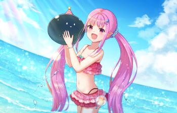 1girl absurdres beach bikini bracelet commentary_request frilled_bikini frilled_skirt frills hair_ornament hairpin heaven_burns_red highres jewelry kunimi_tama narby_(heaven_burns_red) navel open_mouth pink_eyes pink_hair sizmaru11 skirt swimsuit