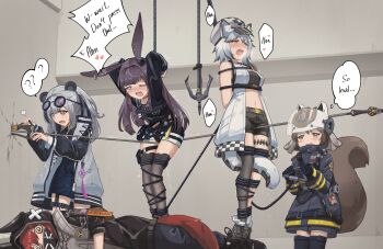 5girls ? @_@ absurdres animal_ear_fluff animal_ears arknights arms_behind_back arms_up bare_shoulders bdsm between_legs black-framed_eyewear black_bow black_choker black_dress black_eyes black_footwear black_gloves black_hair black_jacket black_legwear black_shirt black_shorts blue_dress blue_pants blunt_bangs blush bondage boots bound bound_arms bound_legs bow breasts breath brown_eyes choker cliffheart_(arknights) coat cowboy_shot crack cross-laced_footwear crotch_rope crownslayer_(arknights) crownslayer_(npc)_(arknights) dress drooling earrings embarrassed english_text eyewear_on_head fang feater_(arknights) female_focus firefighter flat_chest gloves grappling_hook grey_coat grey_eyes grey_hair grey_headwear grey_shirt hair_bow half-closed_eye half-closed_eyes hands_up hat have_to_pee heart helmet highres holding hood hood_up hooded_jacket indoors jacket jewelry leaning_forward legs_together long_hair long_sleeves lying mask medium_breasts midriff mouth_mask multicolored_hair multiple_earrings multiple_girls navel newsboy_cap nose_blush on_side one_eye_closed open_clothes open_coat orange_eyes panda_ears panda_girl pants pee peeing peeing_self pocket pouch purple_hair rabbit_ears rabbit_girl red_hair rope rope_(arknights) rope_walking round_eyewear rune_(dualhart) saliva shaw_(arknights) shirt shoes short_dress short_hair shorts sidelocks single_thighhigh sleeveless sleeveless_coat small_breasts snow_leopard_ears snow_leopard_girl snow_leopard_tail speech_bubble spoken_heart spoken_question_mark squirrel_girl squirrel_tail stomach strapless stud_earrings sunglasses suspension sweat tail tail_between_legs tail_raised talking tears thigh_pouch thigh_strap thighhighs thighs trembling tube_top two-tone_hair unconscious visor wavy_mouth wet wet_clothes white_coat white_hair white_headwear wince wolf_girl wolf_tail zipper_pull_tab