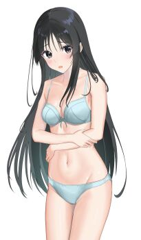 1girl akiyama_mio black_eyes blue_bra blue_panties blush bow bow_bra bra breasts cleavage collarbone commentary_request highres holding_own_wrist k-on! long_hair looking_at_viewer navel open_mouth panties simple_background small_breasts smile solo standing superteturo underwear underwear_only very_long_hair white_background