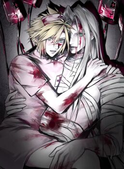 2boys 3_3lecho absurdres alternate_costume bandaged_arm bandaged_neck bandaged_torso bandages blonde_hair blood blood_in_hair blood_on_arm blood_on_clothes blood_on_face cloud_strife commentary crossdressing crossdressing_(mtf) dark dress drop_shadow english_commentary final_fantasy final_fantasy_vii final_fantasy_vii_remake green_eyes grey_background grey_hair halloween hand_on_another's_back hand_on_another's_shoulder hand_on_another's_thigh hat highres intravenous_drip light_smile long_bangs long_hair male_focus multiple_boys nurse nurse_cap official_alternate_eye_color on_lap parted_bangs parted_lips pink_dress possessed sephiroth short_dress short_hair short_sleeves slit_pupils spiked_hair spotlight upper_body yaoi