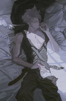 1boy absurdres belt black_belt blister_pack blonde_hair blue_eyes cigarette cloud_strife drugs earrings final_fantasy final_fantasy_vii final_fantasy_vii_advent_children hand_on_own_stomach highres holding holding_cigarette jewelry lying male_focus medicine on_back on_bed open_belt partially_unzipped pill pill_bottle shadow single_earring smoking spiked_hair sssinthome unbuttoned