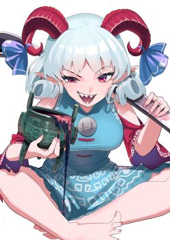 1girl absurdres barefoot curly_hair ding_(vessel) eye_print highres holding holding_spork horizontal_pupils horn_ornament horn_ribbon horns looking_at_viewer meandros oversized_object patterned_clothing petroleum rectangular_pupils red_horns red_sleeves ribbon sharp_teeth sheep_horns simple_background smile solo spork teeth touhou toutetsu_yuuma urizaku3 white_background