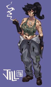 1girl absurdres arm_up black_boots black_hair blue_background boots breasts character_name cigarette clenched_hands clothes_around_waist clothes_writing commission crop_top dog_tags facial_mark female_focus full_body green_shirt grin gun half-closed_eyes hand_wraps highres holding holding_cigarette holding_gun holding_pistol holding_weapon jacket jacket_around_waist large_breasts lips long_hair midriff navel original ponytail pouch red_eyes scar scars_all_over shirt simple_background smile smoke solo stained_clothes standing titobeansz too_many torn_clothes torn_shirt unaligned_breasts v-shaped_eyebrows weapon
