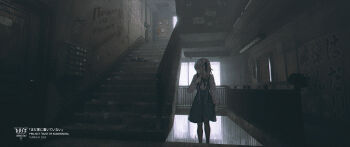 1girl 3d absurdres adversarial_noise black_ribbon black_skirt commentary_request day ear_piercing hair_ornament hairclip highres indoors jirai_kei korakuen_inahi long_hair long_sleeves neck_ribbon original piercing pink_hair pink_shirt ribbon russian_text shirt skirt solo stairs sunlight two_side_up window yurika-r