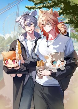 Rule 34 | 2boys, absurdres, animal ear hairband, animal ears, antenna hair, black coat, black jacket, black pants, blonde hair, blue sky, braid, cat ears, closed eyes, coat, commentary, dog ears, facial tattoo, fake animal ears, gradient hair, hairband, highres, honkai: star rail, honkai (series), jacket, male focus, medium hair, multicolored hair, multiple boys, mydei (fig stew) (honkai: star rail), mydei (honkai: star rail), neck tattoo, open clothes, open jacket, pants, parted bangs, phainon (honkai: star rail), phainon (vigethos) (honkai: star rail), red hair, red tattoo, shirt, short hair, side braid, sky, stuffed toy, tattoo, white hair, white shirt, yammin, yellow eyes