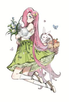 1girl adapted_costume angel_bunny animal bare_shoulders basket blue_butterfly bouquet braid brown_shoes bug butterfly butterfly_hair_ornament carrot chinese_commentary closed_mouth commentary_request crop_top cropped_shirt floral_print floral_print_skirt flower fluttershy fluttershy_(equestria_girls) frilled_sleeves frills from_behind full_body green_eyes green_skirt hair_behind_ear hair_ornament hair_over_one_eye halterneck high_heels highres holding holding_bouquet insect jumping kneehighs leiyezhongma1 long_hair looking_at_viewer looking_back medium_skirt midriff my_little_pony my_little_pony:_equestria_girls my_little_pony:_friendship_is_magic off-shoulder_shirt off_shoulder one_eye_covered pale_skin petticoat print_skirt puffy_short_sleeves puffy_sleeves rabbit shirt shoes short_sleeves side_braid simple_background single_braid skirt socks solo upturned_eyes very_long_hair white_background white_flower white_rabbit_(animal) white_shirt white_socks