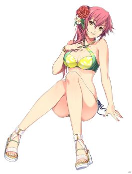Rule 34 | 1girl, akatsuki no kiseki, bare arms, bare legs, bikini, bracelet, breasts, brown eyes, cleavage, criss-cross halter, eiyuu densetsu, flower, full body, hair flower, hair ornament, halterneck, head tilt, highres, jewelry, jpeg artifacts, large breasts, long hair, nail polish, official art, parted lips, red flower, red hair, sandals, sara valestein, sen no kiseki (series), sen no kiseki i, side-tie bikini bottom, side ponytail, simple background, solo, swimsuit, tachi-e, third-party source, white background, white flower, yellow bikini