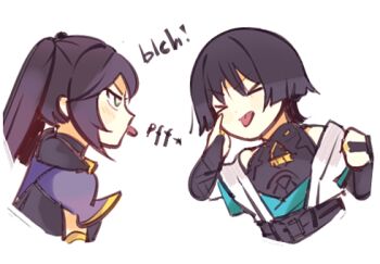 >_< 1boy 1girl :p akanbe aqua_eyes arm_at_side armlet armor belt black_belt black_bodysuit black_bow black_hair blue_kimono blue_sleeves blunt_ends blush bodysuit bow cropped_torso eyelid_pull facing_another finger_to_eye frown genshin_impact gold gold_ring gold_trim index_finger_raised japanese_armor japanese_clothes jewelry juban kimono kote kurokote layered_sleeves long_hair looking_at_another lowres mandarin_collar middle_ring mona_(genshin_impact) off_shoulder open_clothes open_kimono scaramouche_(genshin_impact) scarasleepy short_sleeves sidelocks tongue tongue_out twintails wanderer_(genshin_impact) white_background white_kimono white_sleeves wispy_bangs