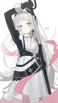 1girl ambience_synesthesia apron ar2a arknights arm_up black_dress black_gloves closed_mouth collared_dress contrast_collar dress earrings gloves grey_eyes grey_hair hashtag-only_commentary highres holding irene_(arknights) irene_(voyage_of_feathers)_(arknights) jewelry long_hair long_sleeves looking_at_viewer maid maid_apron official_alternate_costume pink_ribbon ribbon scabbard sheath simple_background solo standing unsheathing white_apron white_background