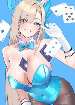 1girl absurdres animal_ear_hairband animal_ears asuna_(blue_archive) asuna_(bunny)_(blue_archive) bare_shoulders blonde_hair blue_archive blue_bow blue_bowtie blue_eyes blue_halo blue_leotard blush bow bowtie breasts card cleavage collarbone covered_groin covered_navel detached_collar fake_animal_ears grin hair_over_one_eye hair_ribbon hairband halo highres large_breasts leotard long_hair looking_at_viewer mole mole_on_breast nakano_kura object_on_breast pantyhose playboy_bunny playing_card rabbit_ear_hairband rabbit_ears ribbon smile solo very_long_hair