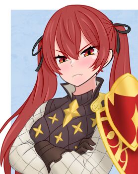 1girl armor blush fang fang_out fire_emblem fire_emblem_fates gloves hair_ribbon nintendo red_eyes red_hair ribbon selena_(fire_emblem_fates) shield tsundere twintails vest