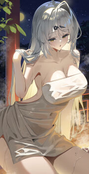 1girl absurdres breasts collarbone covered_navel hand_in_own_hair highres large_breasts long_hair madai_(mappy) naked_towel night onsen single_hair_intake solo steam towel wet wet_clothes wet_towel white_background yixuan_(zenless_zone_zero) zenless_zone_zero