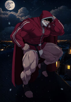 1boy ai-assisted ai-generated_background bara beard briefs connected_beard covered_abs covered_pectorals facial_hair full_beard full_moon highres hood hood_up jacket male_focus male_underwear mature_male moon muscular muscular_male night old old_man on_roof outdoors paid_reward_available pectorals red_jacket ryans sanda_(itagaki_paru) santa_claus_(sanda) snowing solo thick_arms thick_thighs thighs track_jacket underwear variant_set white_hair white_male_underwear
