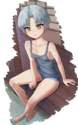 Rule 34 | 1girl, barefoot, blue shorts, blush, breasts, carbon12th, collarbone, denim, denim shorts, grey hair, grey tank top, looking at viewer, original, parted bangs, short hair, short shorts, shorts, sitting, small breasts, solo, tank top, yellow eyes
