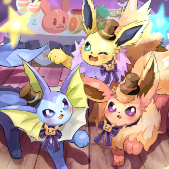 Rule 34 | animal focus, blue eyes, blush, bow, bright pupils, fins, flareon, flareon (halloween), gen 1 pokemon, green eyes, hat, illustrattyako, jolteon, jolteon (halloween), nintendo, no humans, open mouth, pokemon, pokemon (creature), pokemon cafe remix, purple eyes, ribbon, smile, standing, vaporeon, vaporeon (halloween), white pupils