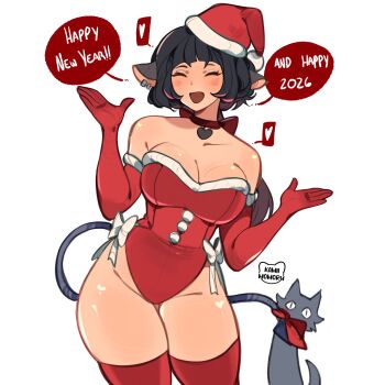 1girl alternate_costume animal_ears black_hair breasts cat cleavage commentary english_commentary gloves happy_new_year hat heart highres holding holding_with_tail jane_doe_(zenless_zone_zero) kamii_momoru large_breasts leotard looking_at_viewer mouse_ears mouse_girl mouse_tail multicolored_hair new_year prehensile_tail red_gloves red_hair red_hat red_leotard red_thighhighs santa_hat santa_leotard smile speech_bubble spoken_heart tail thighhighs thighs two-tone_hair white_background zenless_zone_zero