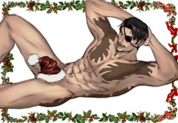 1boy abs arms_behind_head beard black_hair christmas eyepatch facial_hair goatee hat hat_on_penis highres irezumi large_pectorals looking_at_viewer majima_goro male_focus muscular muscular_male nude pectorals ryuu_ga_gotoku_(series) ryuu_ga_gotoku_1 santa_hat sotenborinpc tattoo