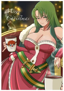 1girl cecilia_(fire_emblem) cecilia_(winter)_(fire_emblem) christmas commentary commission cup detached_sleeves dress english_commentary fire_emblem fire_emblem:_the_binding_blade fire_emblem_heroes fur_trim green_eyes green_hair highres holding holding_cup hot_chocolate ihsnet long_hair looking_at_viewer lounging nintendo red_dress roy_(fire_emblem) smile solo