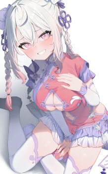 1girl absurdres blush braid breasts bun_cover china_dress chinese_clothes cleavage cleavage_cutout clothing_cutout commission detached_sleeves double_bun dress first_stage_production frills gradient_hair grin hair_between_eyes hair_bun hand_on_own_chest highres large_breasts long_hair long_sleeves looking_at_viewer multicolored_hair pink_dress pink_eyes ryugahama_yue ryugahama_yue_(2nd_costume) short_sleeves simple_background sitting skeb_commission smile solo thighhighs tofu1601 twin_braids virtual_youtuber white_background white_hair white_thighhighs yokozuwari