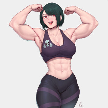 1girl abs absurdres barbell breasts cleavage fangs flexing green_hair highres large_breasts muscular muscular_female original pants red_eyes skull solo speedl00ver tank_top thick_thighs thighs tight_clothes tight_pants