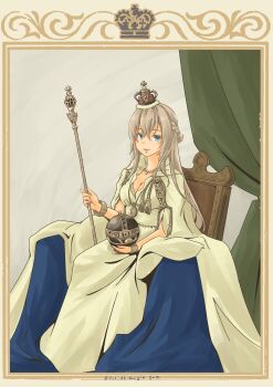 blonde_hair blue_eyes braid commentary cosplay crown curtains dress elizabeth_ii elizabeth_ii_(cosplay) english_commentary feet_out_of_frame grey_background half_up_braid highres holding_globus_cruciger kantai_collection long_hair parody pot-de real_life scepter throne warspite_(kancolle) white_dress