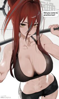 1girl abs absurdres arknights arknights:_endfield bare_shoulders black_shorts black_sports_bra breasts cleavage ember_(arknights) exercising hair_between_eyes hashtag-only_commentary highres large_breasts long_hair long_hair_between_eyes long_sidelocks looking_at_viewer multicolored_hair ohkurrva red_hair shorts sidelocks slit_pupils solo sports_bra streaked_hair weightlifting yellow_eyes