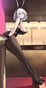 1girl absurdres animal_ears ass azur_lane black_ears black_leotard black_shoes black_wrist_cuffs breasts brown_pantyhose chinese_commentary commentary fake_animal_ears fake_tail high_heels highres large_breasts leaning_back leotard looking_at_viewer lump_saury official_alternate_costume pantyhose playboy_bunny purple_eyes rabbit_ears rabbit_tail san_jacinto_(azur_lane) san_jacinto_(flavor_of_the_day)_(azur_lane) shoes short_hair solo strapless strapless_leotard tail wrist_cuffs