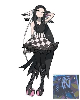 1girl absurdres artist_logo black_boots black_dress black_eyes black_hair boots dress full_body hair_ornament high_heels highres knee_boots kyonart logo long_hair long_sidelocks nintendo pantyhose platform_heels pokemon pokemon_legends:_z-a sidelocks solo split_mouth strapless strapless_dress valerie_(pokemon) white_background