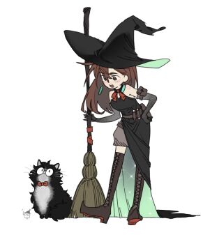 1boy 1girl alternate_costume alternate_hair_length alternate_hairstyle animal animalization ayase_momo bare_shoulders black_boots black_dress black_gloves black_hat blush boots bow bowtie broom brown_eyes brown_hair commentary_request crossed_bangs dandadan dress earrings elbow_gloves full_body glasses gloves hair_between_eyes hand_on_own_hip hat highres holding holding_broom jewelry lace-up_boots long_hair looking_at_another open_mouth red_bow red_bowtie round_eyewear standing takakura_ken_(dandadan) tamatan97 thigh_boots white_background witch witch_hat