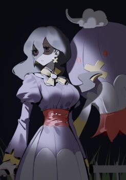 1girl :o black_background black_hair commentary corset cosplay dress drifblim drifblim_(cosplay) earrings gen_4_pokemon hair_between_eyes hex_maniac_(pokemon) hex_maniac_(pokemon_legends:_z-a) jewelry long_hair long_sleeves nintendo pokemon pokemon_(creature) pokemon_legends:_z-a purple_dress purple_eyes raine_(acke2445) shaded_face shadow simple_background symbol-only_commentary