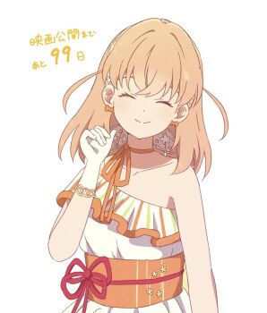 1girl ^_^ bow bow_earrings breasts closed_eyes closed_mouth commentary_request dress earrings gloves hairband hand_up hinoshita_kaho jewelry lace lace-trimmed_gloves lace_trim link!_like!_love_live! love_live! makki_do medium_breasts medium_hair obi obijime orange_hair orange_sash sash single-shoulder_dress single_bare_shoulder smile solo split_mouth suisai_sekai two_side_up virtual_youtuber white_dress white_gloves