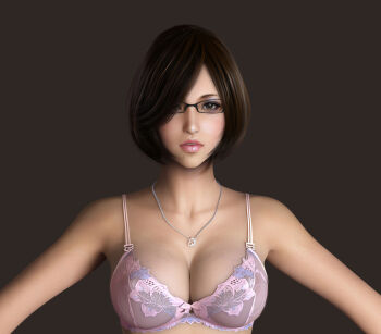 1girl 3d bare_shoulders black-framed_eyewear black_background black_hair bow bow_bra bra breasts brown_eyes cleavage eyeshadow female_focus glasses hair_over_one_eye jewelry lace lace-trimmed_bra lace_trim large_breasts lingerie lipstick looking_at_viewer makeup mole mole_under_mouth original outstretched_arms parted_lips pink_bra pink_lips realistic short_hair simple_background solo spread_arms swept_bangs underwear underwear_only upper_body veins veiny_breasts znz