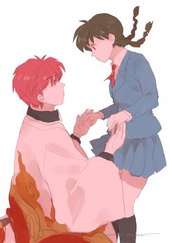 Rule 34 | 1boy, 1girl, commentary request, haori, hetero, holding hands, jacket, japanese clothes, kyoukai no rinne, looking at another, mame moyashi, mamiya sakura, pink hair, rokudou sabato, school uniform, short hair, simple background, skirt, white background