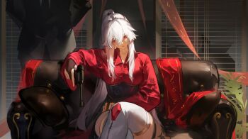 Rule 34 | 1boy, 1girl, absurdres, arms behind back, black jacket, black necktie, black pants, collared shirt, commentary, commission, corset, couch, crossed legs, dress shirt, english commentary, formal clothes, gloves, gun, handgun, highres, holding, holding gun, holding weapon, jacket, lewdlily66, long hair, necktie, original, out of frame, pants, partially fingerless gloves, pillow, red shirt, shirt, sidelocks, sitting, solo focus, standing, suit, thighhighs, very long hair, weapon, white hair, white thighhighs, window blinds