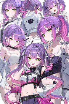 1girl absurdres belly black_necktie breasts cropped_jacket cropped_shirt from_behind gradient_hair green_eyes hair_ornament highres hololive jacket kkato looking_at_viewer multicolored_hair nail_polish navel necktie nurse pink_hair ponytail purple_hair shirt short_hair simple_background small_breasts tank_top tokoyami_towa twintails two-tone_hair variations virtual_youtuber white_background white_jacket white_shirt white_tank_top
