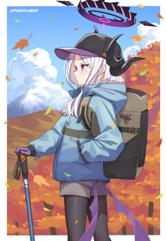 1girl absurdres alternate_costume autumn autumn_leaves backpack bag black_halo black_hat black_horns black_pantyhose blue_archive blue_jacket blue_sky cloud commentary cowboy_shot demon_girl demon_horns demon_wings english_commentary falling_leaves from_side gloves grey_shorts halo hand_in_pocket hat highres hiking_pole hina_(blue_archive) horns jacket leaf long_hair looking_ahead looking_at_viewer low_wings mountain multicolored_halo multiple_horns orange_tree paintlabor pantyhose pantyhose_under_shorts purple_eyes purple_gloves purple_halo purple_wings shorts simple_background sky solo two-tone_halo white_background white_hair wings