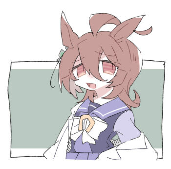 1girl agnes_tachyon_(umamusume) ahoge animal_ears beer_hsk bow brown_hair grey_background hair_between_eyes horse_ears lab_coat long_hair looking_at_viewer off_shoulder open_clothes open_mouth pleated_skirt purple_shirt purple_skirt red_eyes school_uniform shirt skirt solo tracen_school_uniform two-tone_background umamusume white_background white_bow