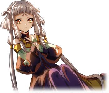 1girl artist_request bare_shoulders blunt_bangs child chinese_clothes closed_mouth code_geass code_geass:_lost_stories dress dutch_angle female_focus flat_chest game_cg hair_tubes hands_up holding_own_wrist legs_together long_hair long_sleeves looking_at_viewer m/ multicolored_dress nervous non-web_source official_art orange_eyes raised_eyebrows shaka_sign sidelocks simple_background sitting solo tianzi transparent_background two_side_up very_long_hair white_hair