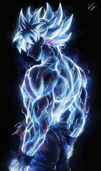 1boy absurdres black_background blue_skin clenched_hands colored_skin commentary cowboy_shot dougi dragon_ball dragon_ball_super floating_hair grey_eyes highres lightning looking_back male_focus muscular muscular_male pisocarpa profile short_hair signature solo son_goku spiked_hair topless_male torn_clothes ultra_instinct white_hair wristband