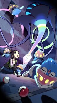 1girl bell-bottoms breasts brown_eyes brown_hair closed_eyes commentary_request floating gen_6_pokemon green_jacket harmony_(pokemon) hat highres himurohiromu inkay jacket long_sleeves looking_up malamar mega_malamar mega_pokemon nintendo open_clothes open_jacket open_mouth pants poke_ball poke_ball_(basic) pokemon pokemon_(creature) pokemon_legends:_z-a shirt short_hair squid striped_hat tentacles unworn_hat unworn_headwear upside-down white_hat white_shirt