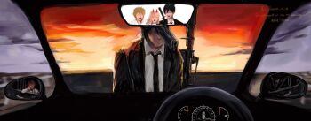 2boys 2girls black_hair black_necktie black_suit blonde_hair car_interior chainsaw_man collared_shirt denji_(chainsaw_man) doeun_o_o formal_clothes gun_fiend_(chainsaw_man) hayakawa_aki highres horns jacket makima_(chainsaw_man) multiple_boys multiple_girls necktie pink_hair power_(chainsaw_man) rear-view_mirror red_hair red_horns reflection shirt steering_wheel suit suit_jacket white_shirt