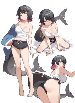 1girl absurdres all_fours ass bare_arms bare_shoulders barefoot black_hair black_shorts breasts camisole cleavage closed_mouth crop_top dolphin_shorts drawstring ellen_joe feet fins fish_tail from_behind frown hashtag-only_commentary highres large_breasts leaning_forward looking_at_viewer looking_back medium_hair midori_fufu midriff mole mole_under_eye multicolored_hair multiple_views navel red_eyes red_hair shark_tail shirt short_shorts shorts simple_background sleeveless sleeveless_shirt standing stomach strap_slip stuffed_animal stuffed_shark stuffed_toy tail thighs two-tone_hair white_background white_shirt zenless_zone_zero