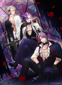 3boys abs absurdres back_cutout banzoin_hakka black_collar black_gloves blonde_hair bottle chain clothing_cutout collar demon_boy first_stage_production gloves highres holostars holostars_english horns indie_virtual_youtuber invain_(vtuber) multiple_boys purple_eyes purple_hair qvnashi white_collar wine_bottle zander_netherbrand