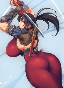 Rule 34 | 1girl, ass, bestmembermad, black hair, breasts, large breasts, ponytail, short sword, skin tight, soul calibur, sword, taki (soulcalibur), weapon